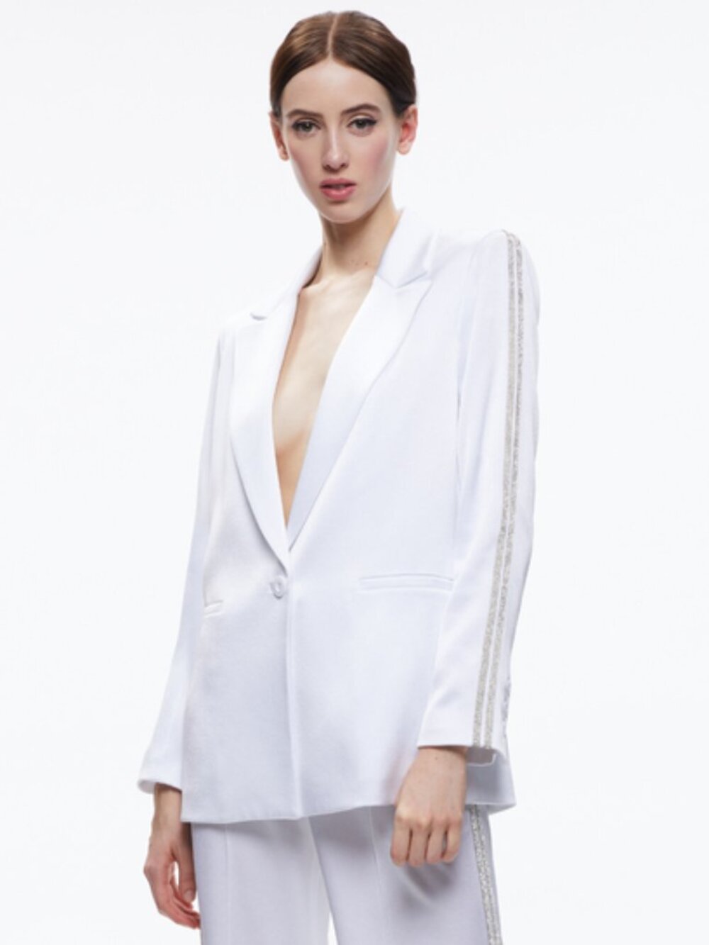 Alice + Olivia Denny White Crystal Trim Satin Blazer NWT